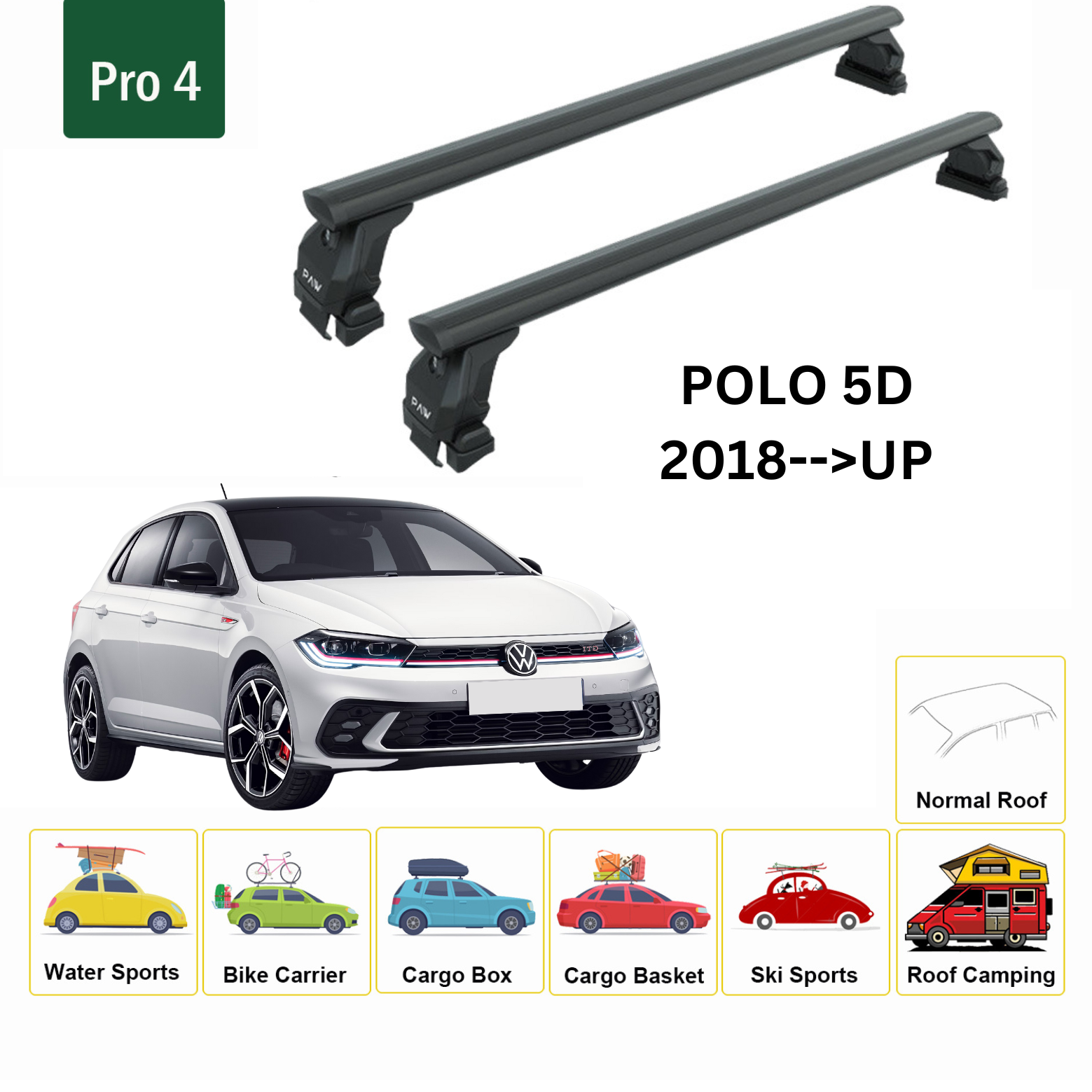 For Volkswagen Polo 5D 2018-Up Roof Rack Cross Bar Metal Bracket Normal Roof Alu Black For Volkswagen Polo 5D 2018-Up Roof Rack Cross Bar Metal Bracket Normal Roof Alu Black